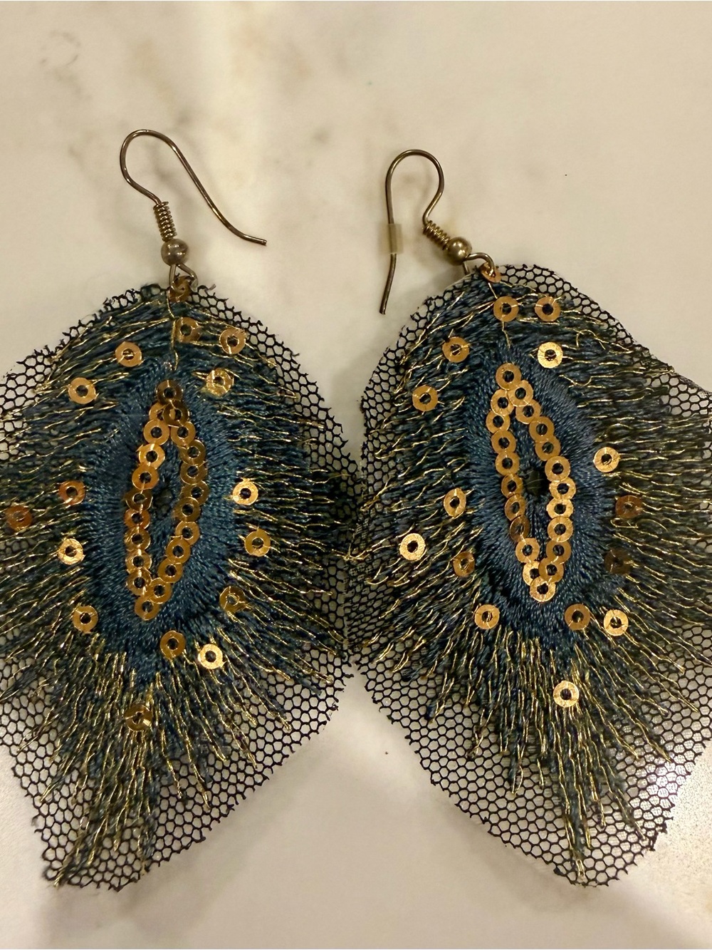 Blue & Gold Mesh and Sequins Drop Earrings - Women's Fashion Jewelry